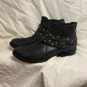 Born 8.5 leather nubuck black moto ankle boots. Custom up cycled.